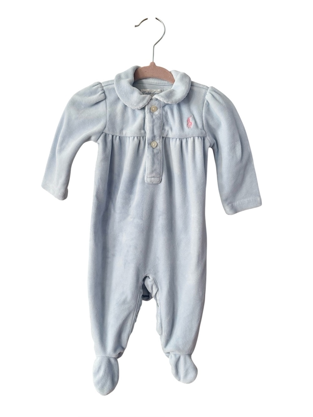 Ralph Lauren Baby Girl Velour Footed Romper, Light Blue, 3 months